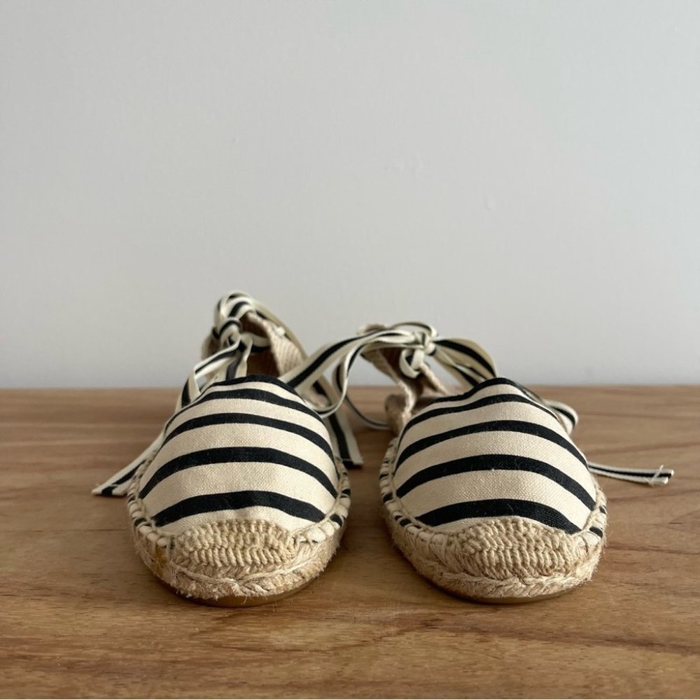 ❌SOLD❌SOLUDOS Lace-up flat espadrille shoes black cream stripe nautical size 7.5 - Picture 3 of 12